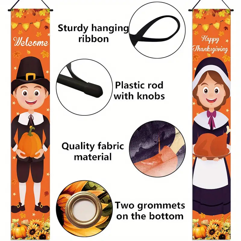 Pair Pilgrim Thanksgiving Door Holiday Decor Sign Banner Set Boy & Girl