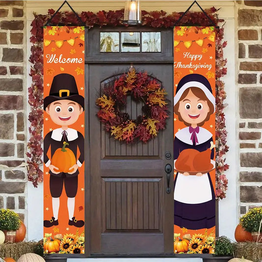 Pair Pilgrim Thanksgiving Door Holiday Decor Sign Banner Set Boy & Girl