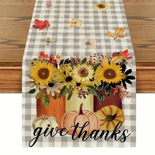 Farmhouse Thanksgiving Table Runner 13" x 72" Mason Jars Pumpkins Buffalo Print