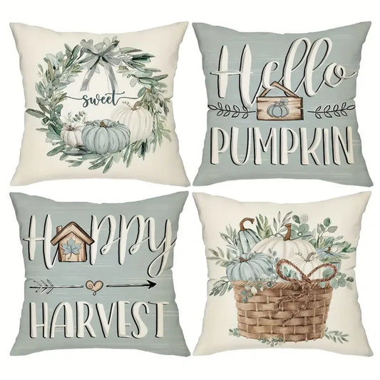 Set 4 Fall Pillow Throw Covers 18 x 18 Hello Pumpkin Happy Harvest 18 x 18