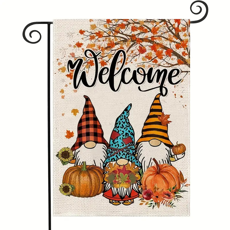 Fall Welcome Garden Lawn Flag Gnomes Pumpkins Leaves Double Sided