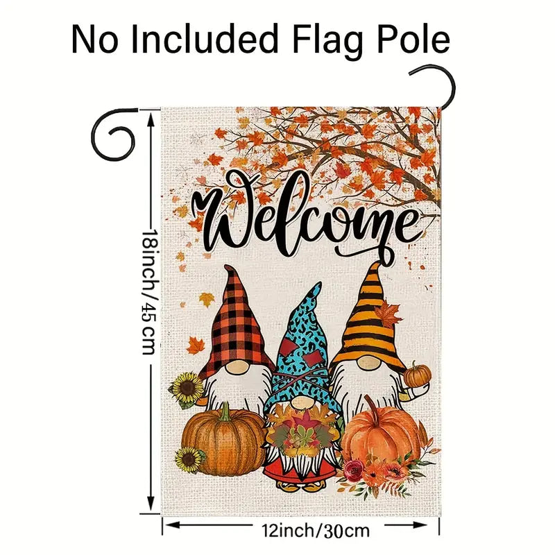 Fall Welcome Garden Lawn Flag Gnomes Pumpkins Leaves Double Sided