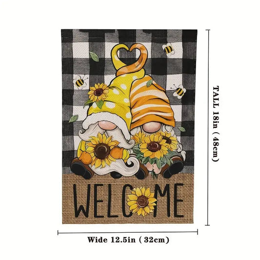 Farmhouse Summer Welcome Gnome, Sunflowers, Bees and Buffalo Print Garden Flag