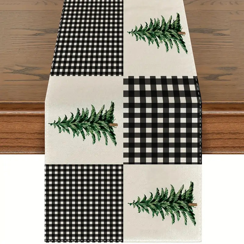 Winter Christmas Farmhouse Black White Buffalo Check Runner with Pine Trees