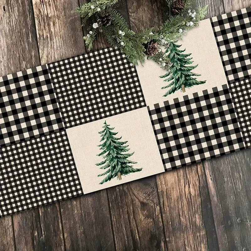 Winter Christmas Farmhouse Black White Buffalo Check Runner with Pine Trees