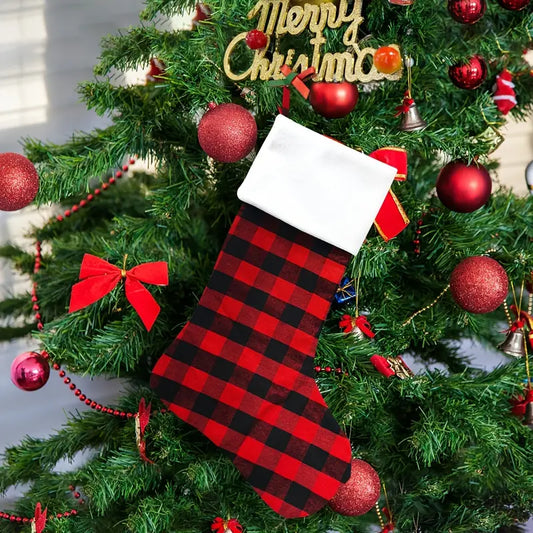 Personalized Farm House Black Red Buffalo Print Christmas Stocking